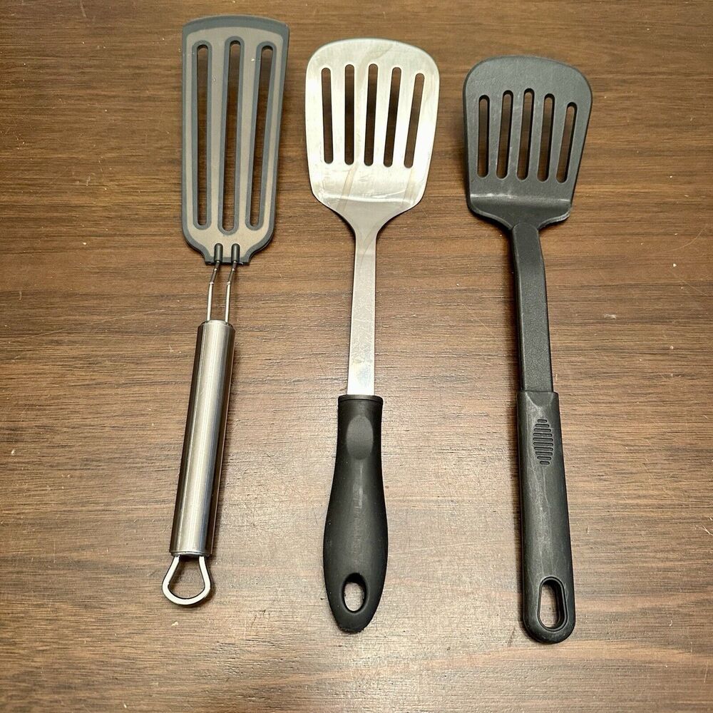 Spatula Lot 3 Fish Silicone Stainless Steel Kitchen Utensil Cooking Black